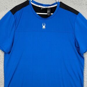 Spyder Active Mens XL Shirt Athletic Blue Black Short Sleeve Stretch Logo EUC